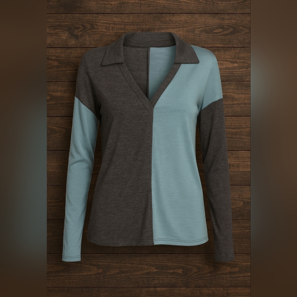 Moa Moa Colorblock Collared Long Sleeve Top | Dark Charcoal & Teal | Large NWT